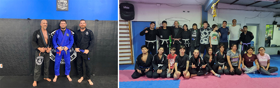 Aaron Draper (left), Granger Moffett and Jeremy Pompeo have practiced jiu-jitsu for years, earning brown, black and blue belts (respectively); Aaron Draper (back row, third from left) with the Chilean jiu-jitsu team that he, Granger Moffett and Jeremy Pompeo helped outfit.